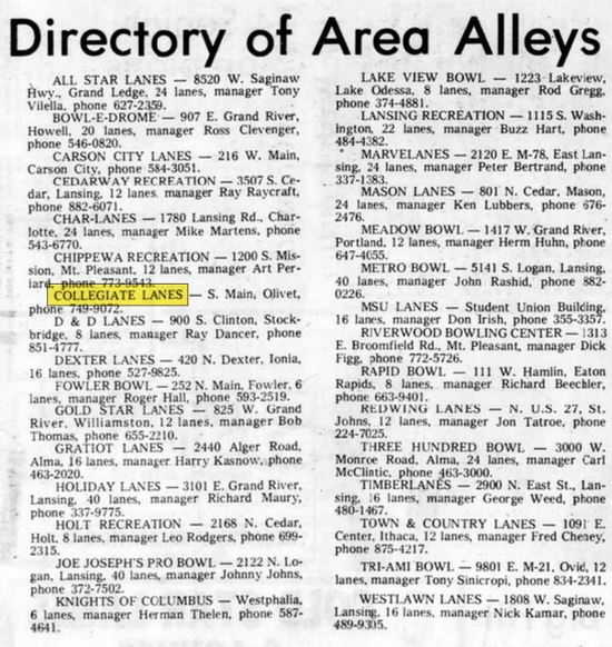 University Lanes (Collegiate Lanes) - Aug 1974 Nice Listing Of Bowling Lanes Lansing State Journal (newer photo)